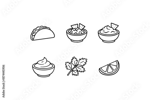 Minimalist mexican food icons: taco, salsa, guacamole, sour cream, cilantro, lime