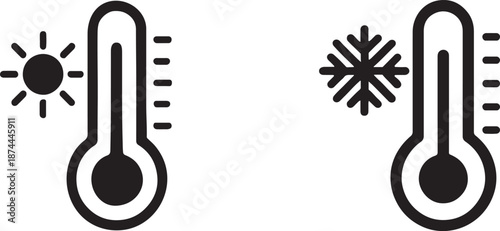 Silhouette thermometer with sun and snowflake icon showing hot and cold temperature symbol.