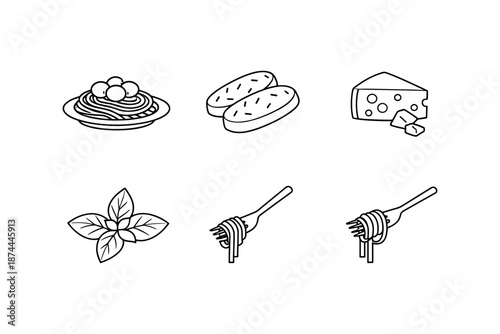 Italian cuisine icons: pasta, bread, cheese, basil, and fork with spaghetti in linear style