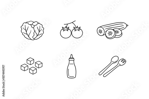Minimalist food icons: fresh vegetables, utensils, and condiments in outline style