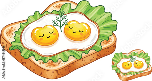Adorable illustration of two heart shaped sunny side up eggs resting sweetly upon toasted bread with fresh lettuce for breakfast