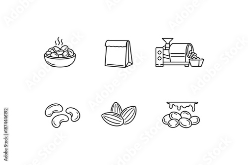 Linear icons of coffee process: beans, grinder, packaging, and brewing