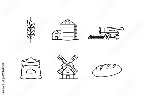 Agriculture and farming line art collection: wheat, machinery, and mill icons