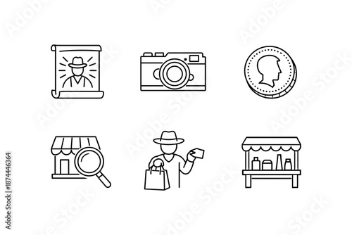 Linear crime investigation icons set: detective, camera, market, and trade elements