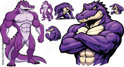 Collection of various muscular purple anthropomorphic alligator character sprites and portrait illustrations in pixel art style