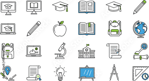 Vector illustration of education icon collection with school tools, academic symbols, learning devices, classroom elements, and study concept design