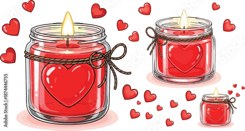 Romantic flickering heart-shaped candles glowing warmly inside glass jars surrounded by floating red hearts illustration