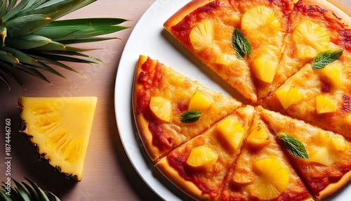  hawaiian pineapple pizza served on a white dining plate . aspect ratio