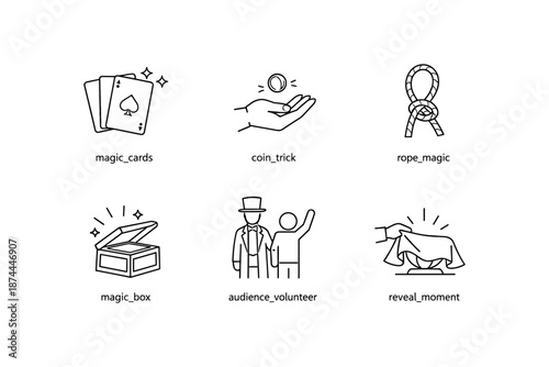 Simple magic icons: card games, coin tricks, rope, and more