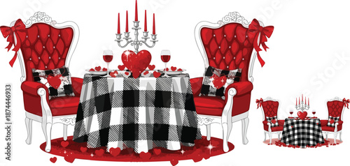 Elegant romantic dinner setting featuring two luxurious red upholstered throne chairs beside a checkered table centerpiece.