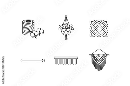 Minimalist line art collection featuring yarn, plant hanger, celtic knot, crochet hook, comb, macrame decor