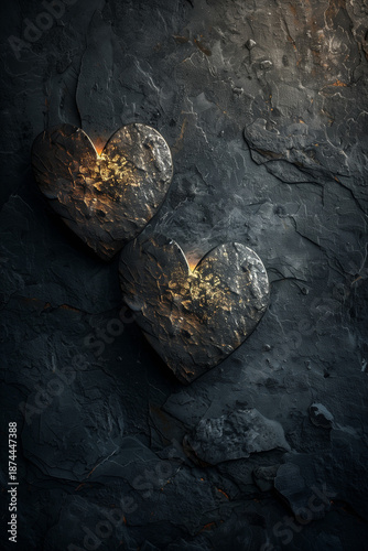Weathered Stone Hearts Embedded in Dark Rock Texture