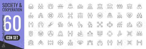 Society and Cooperation thin line icons. Team, teamwork, group, family icon. Vector