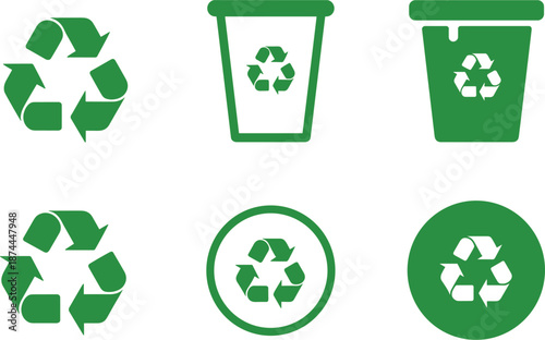 Green Recycling Symbols and Bins on White Background Keywords: recycling, symbol, icon, green, eco, environment, sustainability