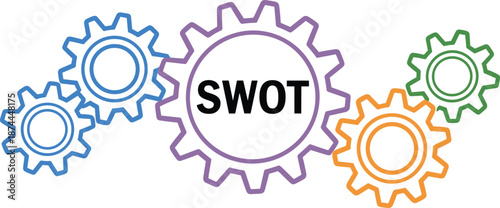Interlocking Colorful Gears with the Word SWOT in the Center Gear Keywords: gears, cogs, interlocking, colorful, blue, purple