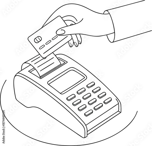 Contactless Payment Processing: A simplified view of a hand inserting a credit card into a payment terminal, symbolizing the convenience of modern financial transactions.