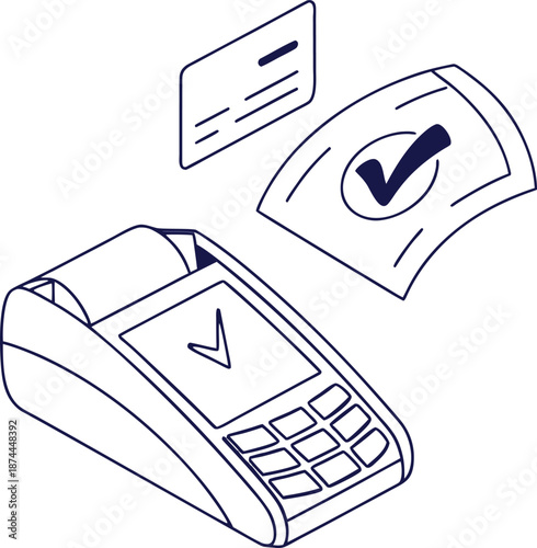 E-payment and Transaction : An illustration of electronic payment system, showing a point of sale terminal alongside a credit card and receipt.