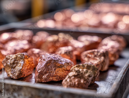 Shiny raw metallic copper nuggets scattered on a metal tray with a blurred background showcasing natural mineral textures and warm lighting effects