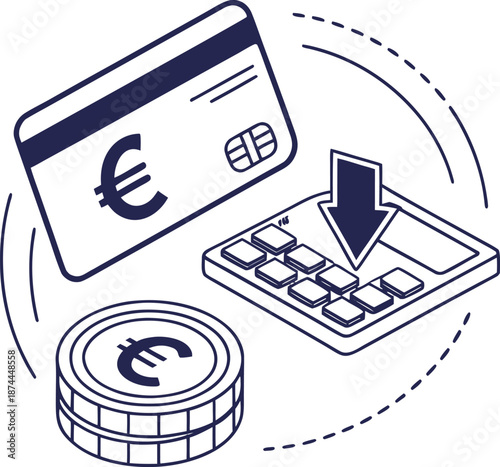 Financial Transactions: A minimalist illustration of a credit card, coin, and calculator, symbolizing payment and finance, ready for secure and seamless transactions.