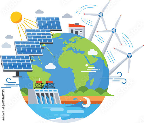 Renewable energy sources surround the Earth with solar panels, wind turbines, and hydroelectric power in a sustainable environment viewed from space