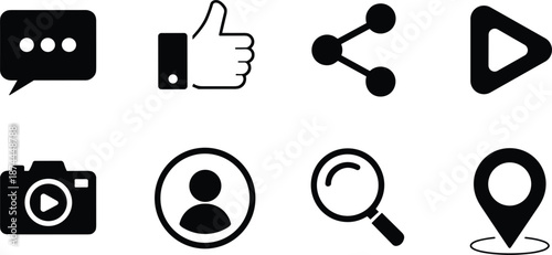 Social media and communication icons set with chat, like, share, play, camera, user, search, and location Keywords: social media