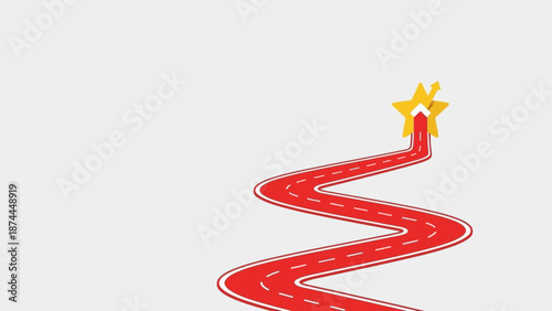 Red Winding Road with White Dashed Lines Leading to a Golden Star on a White Background