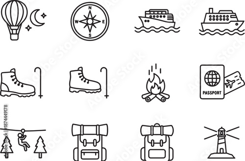 Collection of travel and activity icons isolated on transparent background
