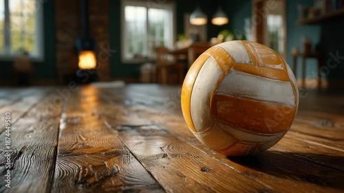 Vibrant volleyball on rustic wooden floor in cozy living room
