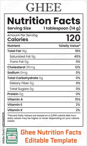 Nutrition Facts, Ghee Nutrition Facts, Supplement facts, Vitamin facts, Nutrition facts template, Nutrition Facts Vector Template, Ghee Nutrition Facts Editable Template