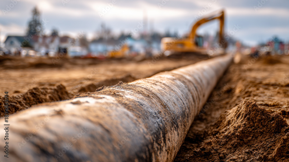 Naklejka premium Large metal pipeline being installed underground with construction machinery in the background at a work site during daytime excavation process