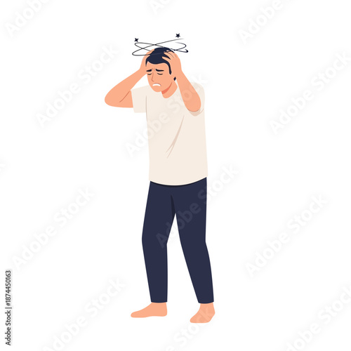 Distressed man clutches his head, dizzy with swirling dizziness and a feeling of loss of control, portraying severe vertigo and disorientation