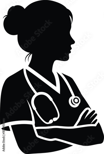 Silhouette of a female medical professional with hair in a bun wearing scrubs and a stethoscope standing sideways