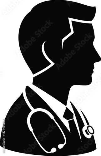 Side view black silhouette profile of a male doctor wearing stethoscope around neck representing medical professional and physician expertise
