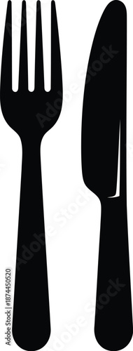 Simple black silhouette icon of a fork and knife utensil set for dining eating restaurant or culinary concept graphic design