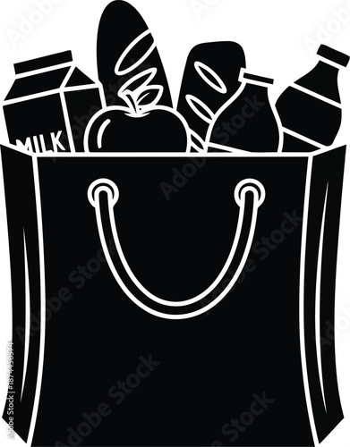 Grocery shopping bag filled with various products like milk bread apple and bottles representing retail purchase and consumption needs