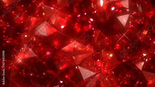 Close-up of glittering, faceted, red precious stones, reflecting light and creating a fiery effect