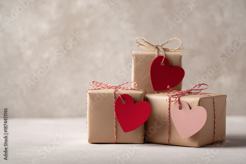 Stacked Gift Boxes with Red and Pink Heart Tags