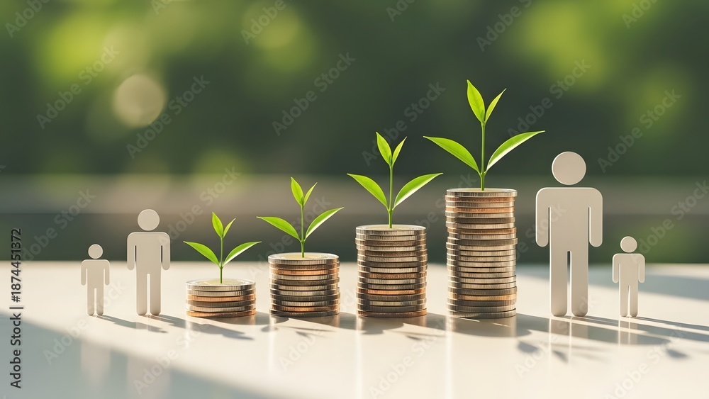 Fototapeta premium Family wealth accumulation and long term investment. Multi generational financial planning. Paper people figures standing next to rising stacks of coins with green leaves growing
