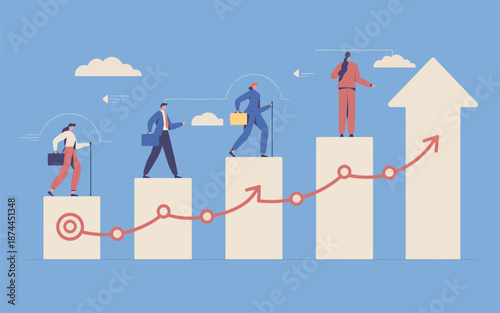 Business growth with progress steps and target achievements