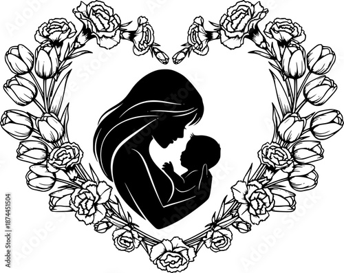 Mother holding baby silhouette inside floral heart wreath with carnations and tulips black and white vector
