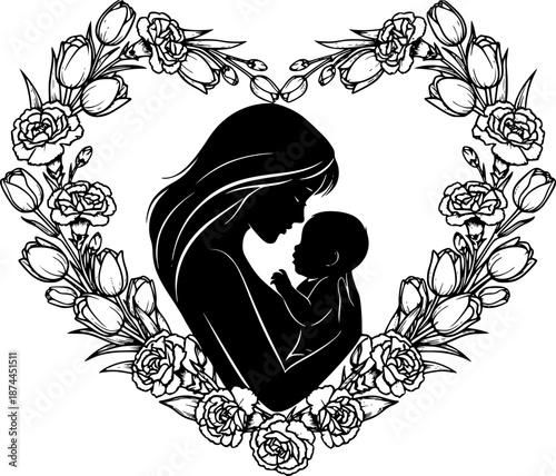 Mother holding baby silhouette inside floral heart wreath with carnations and tulips black and white vector
