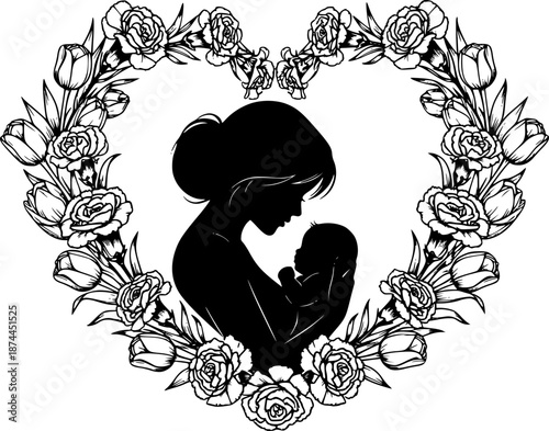 Mother holding baby silhouette inside floral heart wreath with carnations and tulips black and white vector
