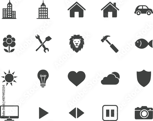 Vector illustration of mixed icon collection with building, tool, animal, nature, media, technology, and lifestyle symbol design elements