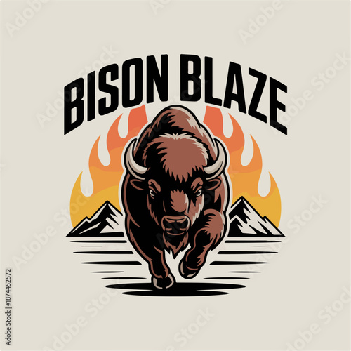 Bison Blaze charging toward viewer with flames and mountains, powerful wildlife mascot crest; rugged western sports logo vector for apparel and outdoor branding