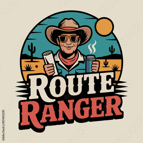 Route Ranger cowboy traveler sipping coffee under desert sun, road‑trip mascot badge; western adventure logo vector for travel brands, cafes and souvenirs