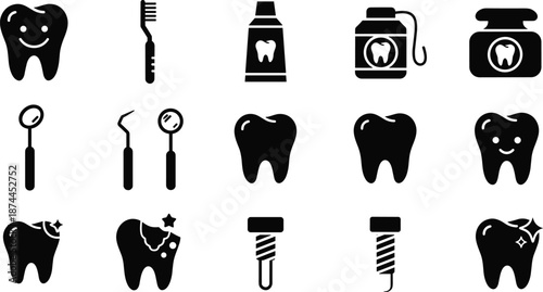 "Vector illustration of dental tools and accessories: toothpaste, toothbrush, dental instruments, tooth implant, and healthy smiling teeth."