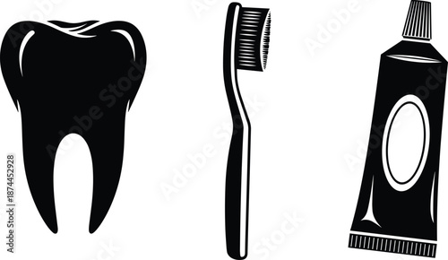 "Simple black and white illustration of a tooth, toothbrush, and toothpaste, perfect for dental care and hygiene themes."
