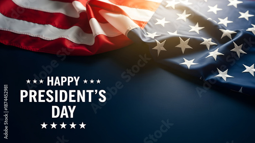 Happy Presidents Day celebration with a waving American flag and stars on a dark blue background