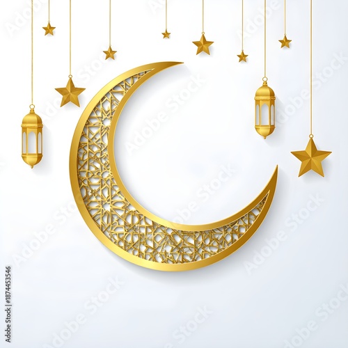 Elegant Ramadan Kareem background featuring a decorative golden crescent moon, hanging lantern lamps, and stars on a clean white backdrop for Islamic holiday celebrations.