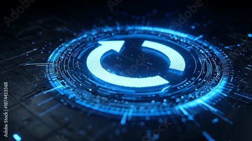 Glowing digital render of a circular arrow symbol on a circuit board, suggesting renewal